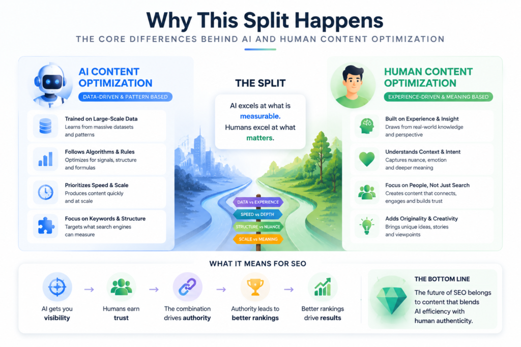 Visual comparison of AI and human approaches to content optimization for SEO, focusing on speed, scale, creativity, and user intent.”


