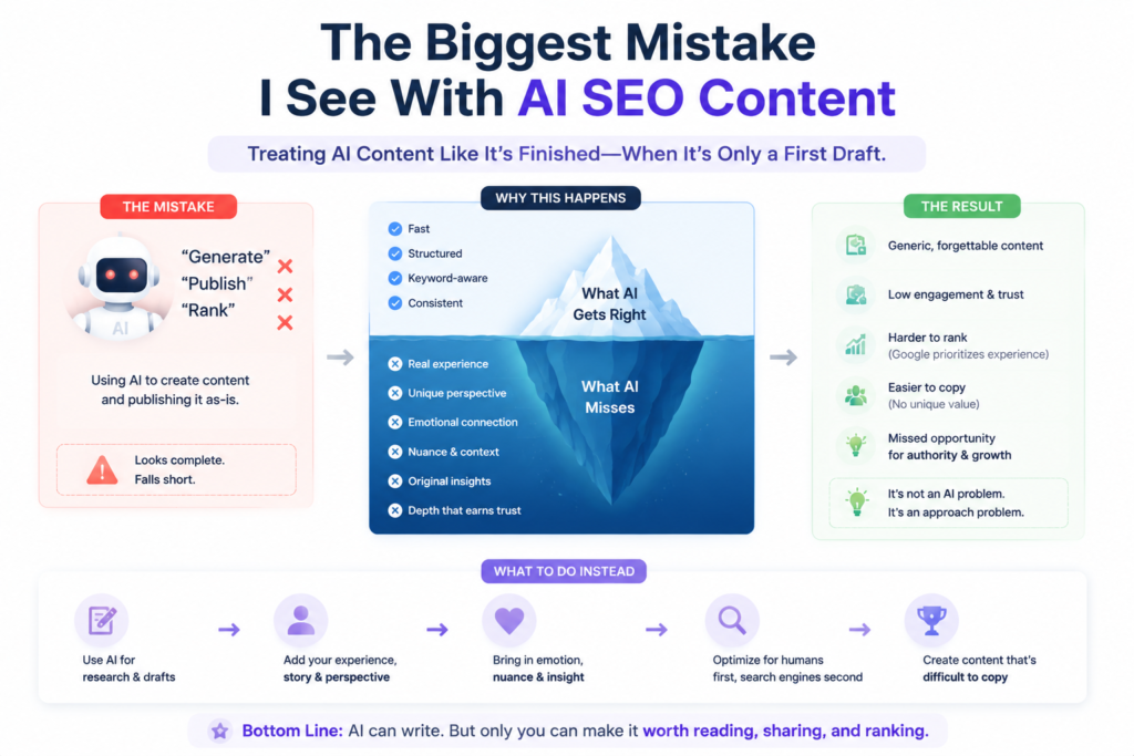 Content optimization for SEO infographic explaining AI vs human roles, common mistakes, and strategies to create high-quality, high-ranking content.”


